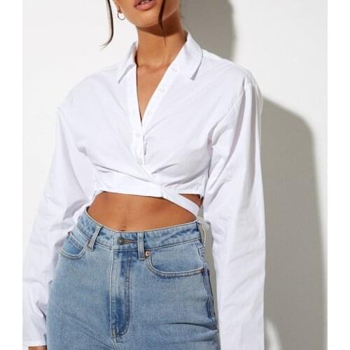 Women Fashion Street Style Cardigan Lapel Crop Tops Solid Color Bandage Long Sleeve Buttons Exposed Navel Slim Shirt Blouse