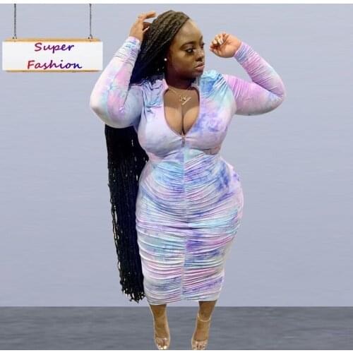 XL-4XL 2021 autumn plus size dress women clothing Gradation folds long sleeve zip V neck sexy dresses Wholesale Dropshipping