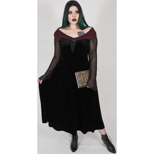 PUNKRAVE Womens Gothic Horizontal Neck Perspective Mesh Long Sleeve Dresses Simple Elastic Velvet Trumpet Sleeve Long Skirts