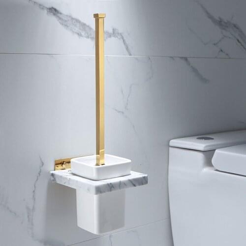 Gold Toilet Brush Holder with Brush Marble and Brass Bathroom Toilet Scrub Cleaning Brush Holder Set Wall Mounted