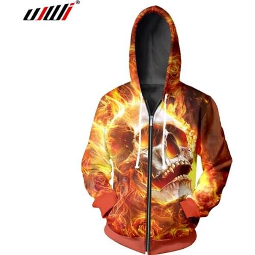 UJWI 3D Flower Fire Fashion Men/Women Zip Hooduies Cool Funny Print Flame Rose Skull Pullover Hip Hop Long Sleeve Tops