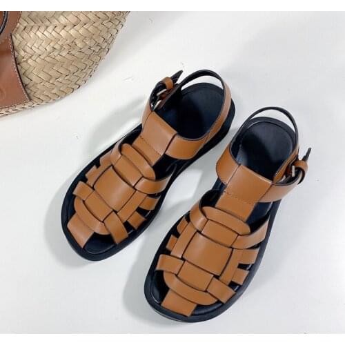 Vintage Covered Toe White Black Sandals Flat Platform Genuine Leather Comfort Shoes Bohemian Beach Sandals Summer Shoes Women