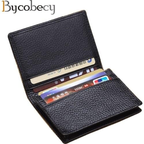 BYCOBECY Genuine Leather Business ID Credit Card Holder Cowhide Big Capacity Name Card Case Slim Mini Change Purse