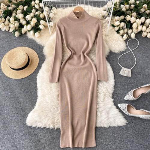 Croysier Woman Casual Solid Turtleneck Sweater Dresses For Women 2021 Bodycon Long Sleeve Midi Elegant Autumn Winter Dress
