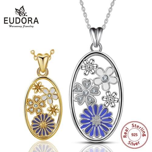 EUDORA 925 Sterling Silver Unique Germany Blue Cornflower Pendant with Crystal with chain Fine Jewelry Valentines day gifts