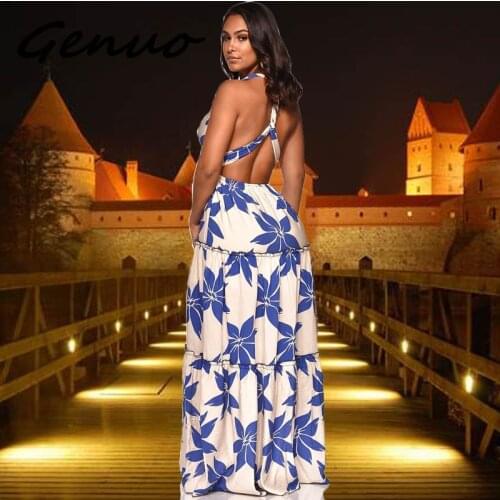 Genuo New 2019 Deep-V Neck Maxi Dress Vintage High Waist Long Dress Floral Print Backless Party Summer Dress Vestidos