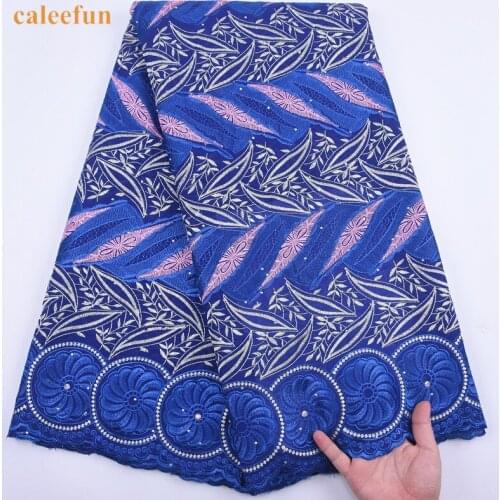 Royal Blue African Lace Fabrics For Dress Embroidered Nigerian Dry Cotton Lace Fabric 5Yards Swiss Voile Lace With Stones Y2033