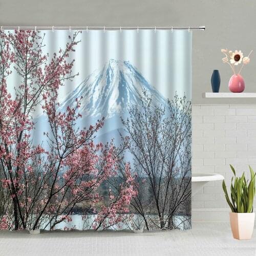 Mount Fuji Cherry Blossom Shower Curtains Japanese Style Landscape Wall Painting Bathtub Decoration Screen Hanging Washable