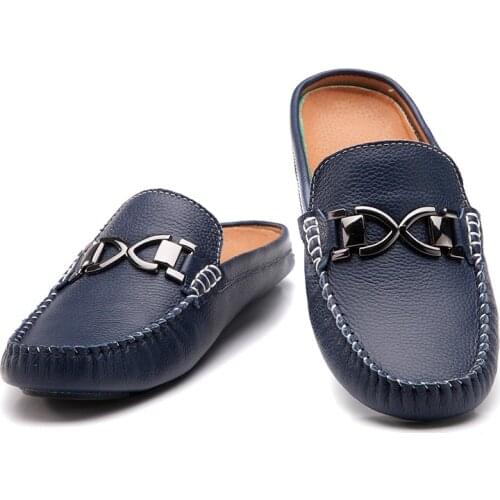 Summer Men Shoes Casual Loafers Moccasins Slip On Half Slippers Outdoor Genuine Leather Handmade Sewing Driving Shoes