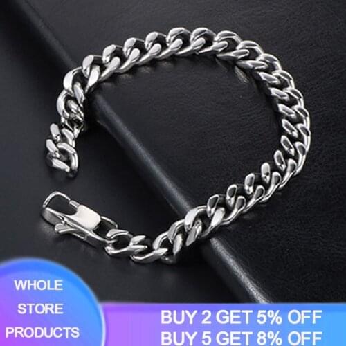 8mm Mens Bracelets Stainless Steel Curb Cuban Link Chain Silver Color White Gold Bracelet Men Women Jewelry Gift 17-21cm HB395