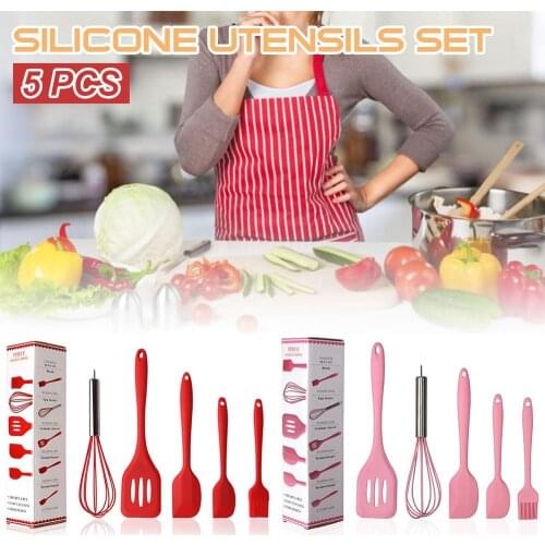 5Pcs Silicone Steel Utensils Set Heat-Resistant Kitchen Cookware Non-Slip with Spatula/Oil Brush/Whisk Cutlery Set Hot Sale
