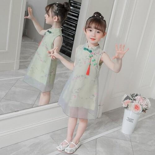 Girls folk dress Floral Mesh Kids Dress Summer Sleeveless Qipao Tang Suit for Children Retro Traditional Chinese Cheongsam Dress