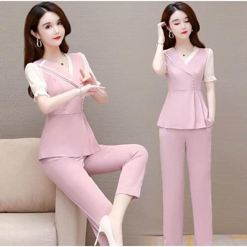 2021 New Fashion Womens Two Piece Set Fresh Patchwork V-Neck Puff Sleeve top + Long Pants Office Lady Suit M-4XL