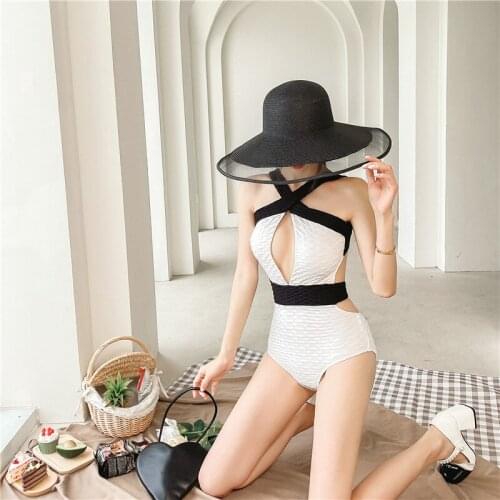 2021 New Sexy One Piece Swimsuit Women Solid Swimwear Monokini White Swim Suits Korea Bathing Suit High Neck Beachwear