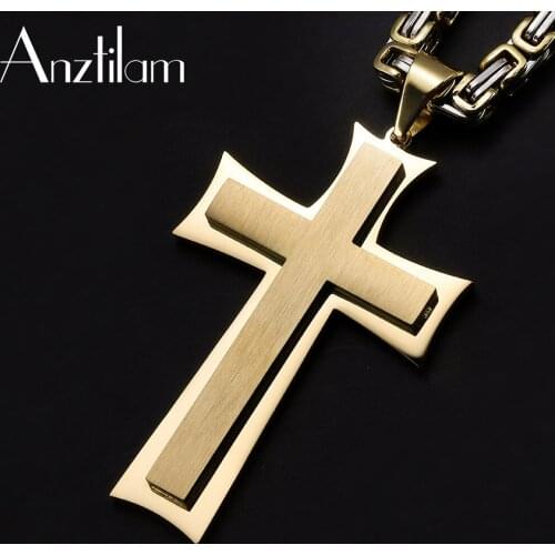 New Arrival Hip Hop 316L Stainless Steel Big Cross Pendants With Free Double Color Byzantine Chain Necklace For Men Women Punk