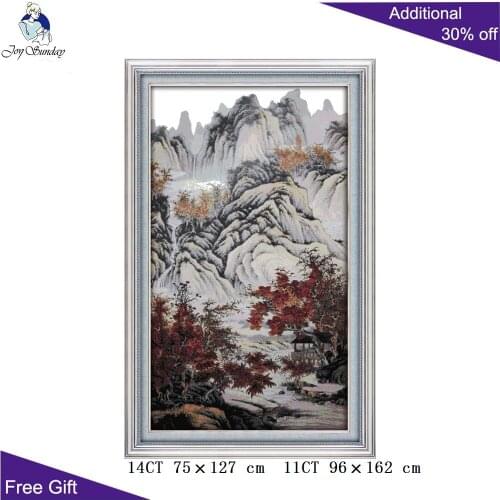 Joy Sunday Autumn Mountains And Red Trees F153 Counted and Stamped Home Decor Chinese Landscape Embroidery DIY Cross Stitch kits