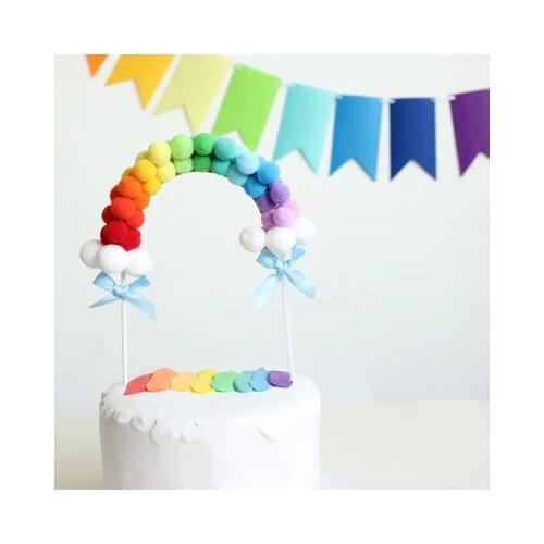 Rainbow Pink Blue Pompom Arch Cake Topper Happy Birthday Party Wedding Baby Shower Decoration Cake Flags Party Supplies