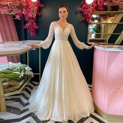 Verngo 2021 Modest Ivory Lace Puff Long Sleeves Wedding Dresses Sheer Neck A Line Slik Chiffon Boho Bridal Gowns Buttons Back