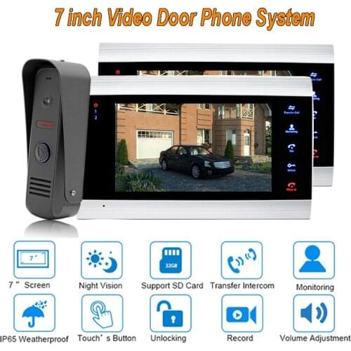 New Doorbell Video Door Intercom System 7" TFT 1200TVL Home Security with IP 65 Rainproof 1 camera 2 monitors