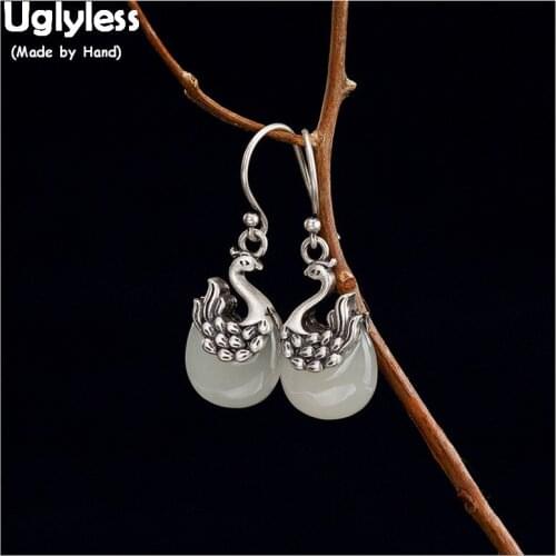 Uglyless 100% Real 925 Sterling Silver Handmade Peacock Earrings Natural Jade Swan Fine Jewelry for Women Thai Silver Brincos