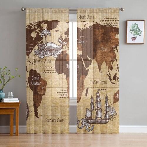 Vintage Nautical Map Window Curtains Bedroom Modern Drape Sheer Tulle Valances Living Room Kitchen Voile Curtain
