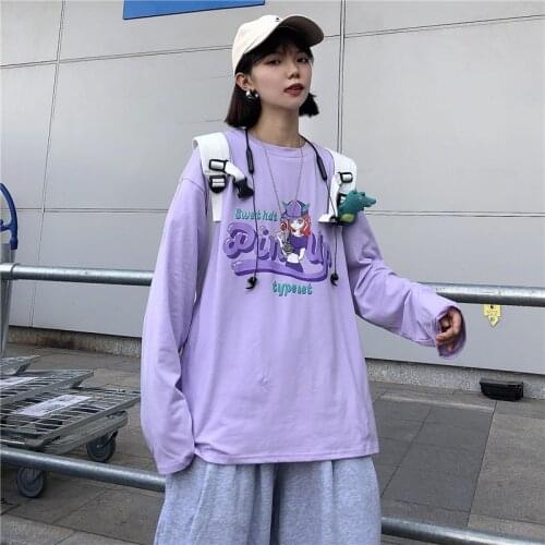 Japanese Long T-shirt Women Harajuku two-dimensional anime letter printing loose T-shirt Casual Wild Long Sleeve Women T-shirt