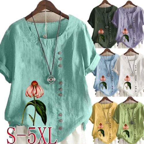 Womens New Fashion Summer Floral Printed Round Neck Short Sleeve T-shirt Casual Loose Solid Color Blouse Tops Plus Size
