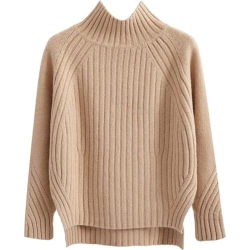 Winter New Style Womens Solid Semi Turtleneck Pullover Autumn Knitted Fashionable And Loose Versatile Lady Irregular Sweater