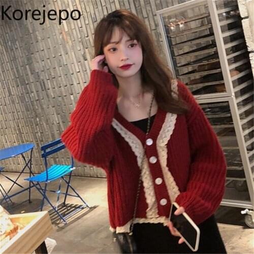 Korejepo Women Sweater 2021 Spring Autumn Ladies Korean Sweet Temperament Western Style Lace Stitching V-Neck Knitted Cardigan