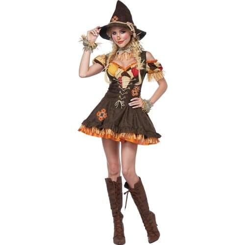 Halloween Cosplay Wizard of Oz Scarecrow Costume Witch Dress for Adult Women Carnival Party Maquerade Party Dress With Hat JY069