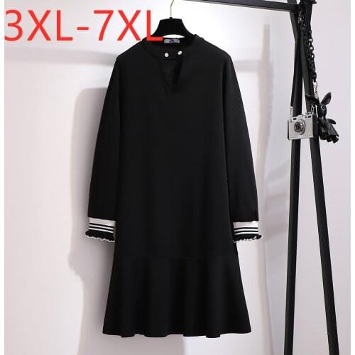New ladies autumn winter plus size midi dress for women large loose casual long sleeve black ruffle dress 3XL 4XL 5XL 6XL 7XL