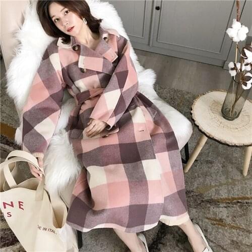 Winter 100% Wool Coat Korean Plaid Double Sided Long Jacket for Women Clothes 2020 Casaco XW006 YY255