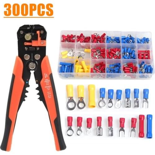 300Pcs Insulated Cable Connector Electrical Wire Crimp Spade Butt Ring Fork Ring Lugs Rolled Terminals Crimper Plier Tool Kit
