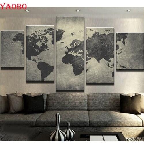 DIY 5pcs Cross Stitch Diamond Embroidery Black World Map For Home Decor 5D Diamond Painting Rhinestones Pictures Diamond Mosaic