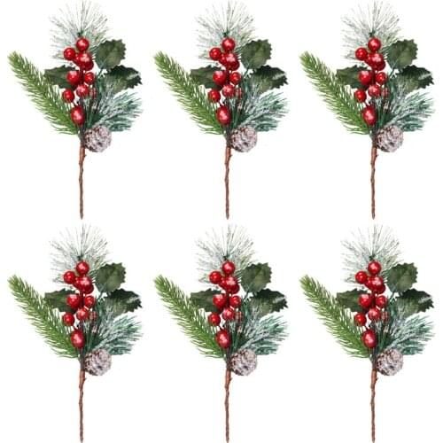 6pcs Pine Needles Artificial Plants Xmas Ornament Gift Durable 27cm Plastic Red Bean Branches