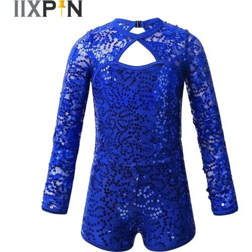 Ballet Leotard Girls Biketard Shiny Sequin Costume Kids Long Sleeves Keyhole Back Ballet Dance Gymnastics Leotard Jumpsuit 2020