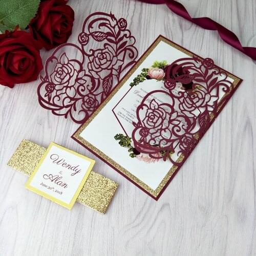 Burgundy Flower Gold Glittery Bottom Laser Cut Invitations with Customized Tag and Glitter Belt for Wedding Anniversary Party 50