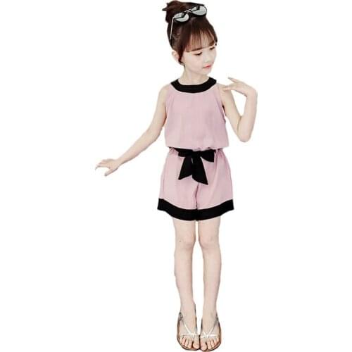 Summer Fashion GIrls Clothing Set Solid Color Bow Style T-Shirt +Pants 2Pcs Suit For Girl2-10 Years Old Children Clothes