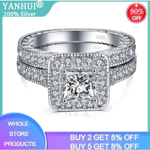 With Certificate 2pcs 100% Original 925 Silver Wedding Band Rings Set Princess Cut Square 1.0ct Zirconia Diamond Rings for Women