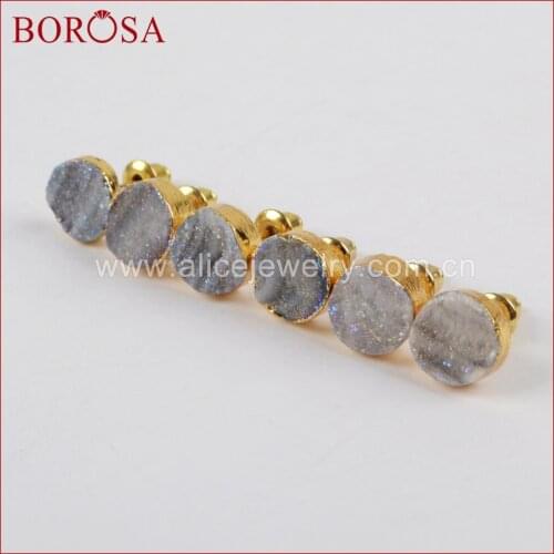 BOROSA Gold Color Round Drusy Galaxy Quartz Titanium Chalcedony Studs Earrings for Women, Fashion Gems Studs Earrings G1379