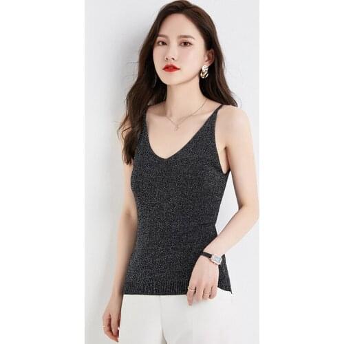 2021 Summer Women Sexy Tank Top bright Ice Silk Knitted Slim Vest Camisole Sleeveless V Neck T Shirt Female Bottoming Tanks