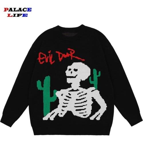 Cartoon Skeleton Knitted Sweater Men Hip Hop Streetwear Harajuku Casual Sweater 2021 Autumn Cotton Pullover Black Tops Oversized