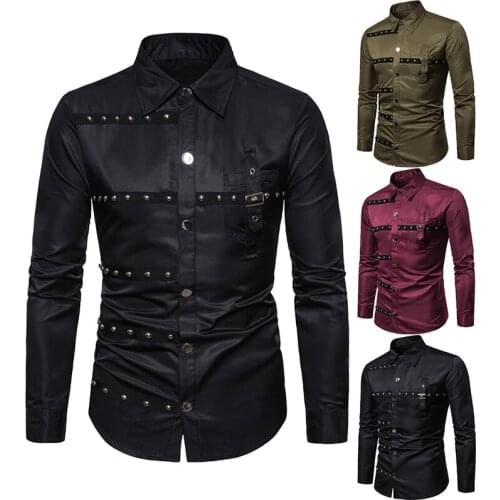 Brand Hip Hop Rivet Shirt Men 2020 Fashion Gothic Long Sleeve Casual Shirts Cotton Slim Uniform Stage Costumes Mens Clothing