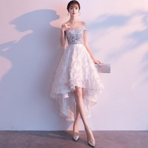 2020 New Banquet Evening Dress Short Front Long Back Long Shoulder Party Dress Long Dresses Evening Formal Dresses Evening Gown