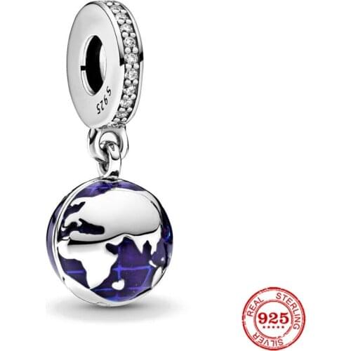New Original Silver Color Blue Globe Dangle Diy Bead Fit European Pandora Charms Bracelet Bangles Diy Jewelry P636