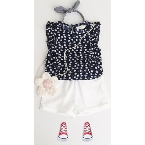 Kids' wear summer girl floral T-shirt + Half body shorts + belt sports three-piece suit 3-8 year old child high-quality clothing