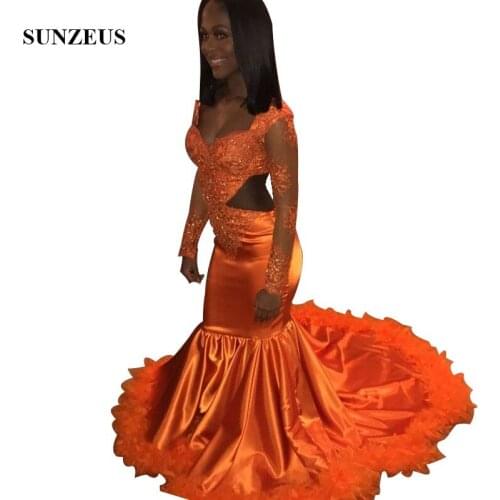 Appliques Long Sleeves Orange Prom Dresses 2019 Beaded Lace Mermaid Women Party Gowns Sexy Back Feathers Long Dress Satin