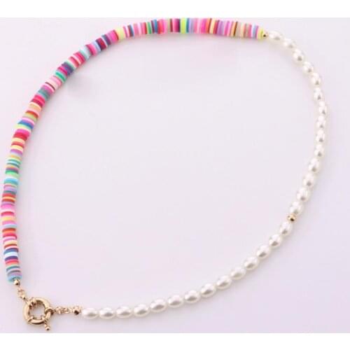 Bohemian Polymer Clay Beaded Necklace Multicolor Circle Round Acrylic Imitation Pearl Women Girls Party Jewelry 45cm long, 1PC