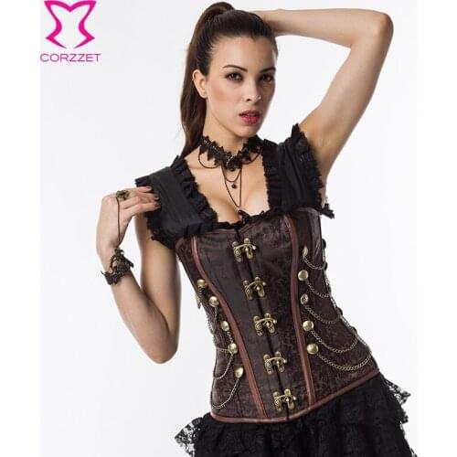 Punk Rave Red Brocade Button Chain Gothic Waist slimming Corsets Plus Size Women Clothing Espartilhos Corset Corselet Steampunk