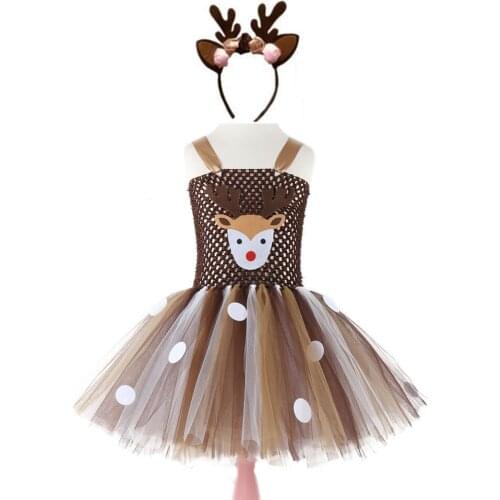 Christmas Deer Tutu Dress Baby Girls 1st Birthday Party Dresses Happy Purim Halloween Winter Cosplay Costume Clothes For Kids